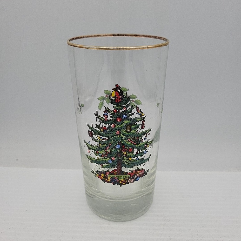Spode Christmas Tree Glass Highball Gold Rim Mistletoe 5.5 Inch Made in UK